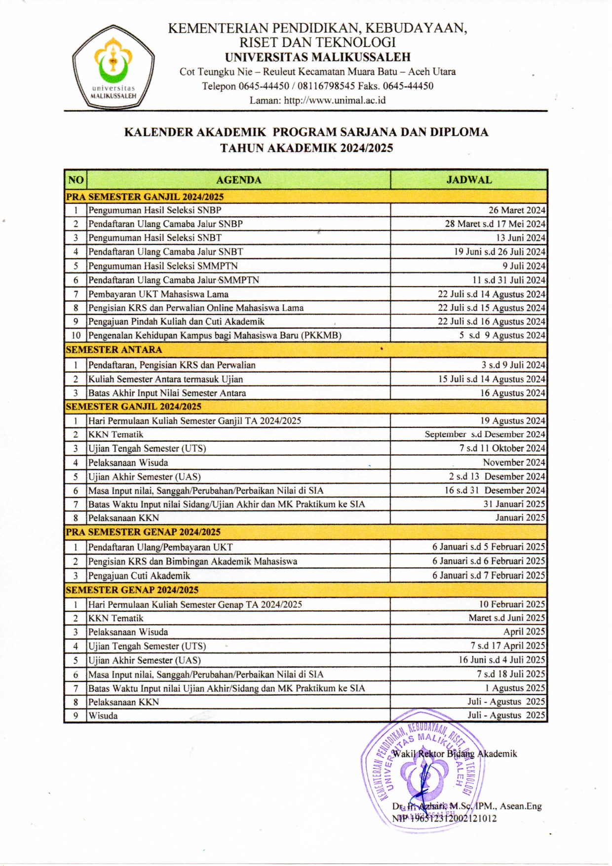 Kalender Akademik Sarjana dan Diploma 2024-2025